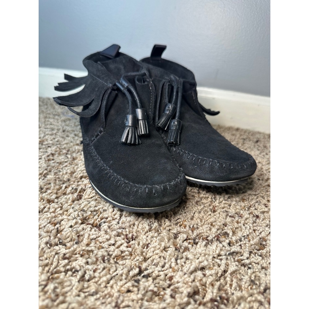 Rag & Bone Black Suede Fringe Moccasin Tassel Ankle Boots Womens
